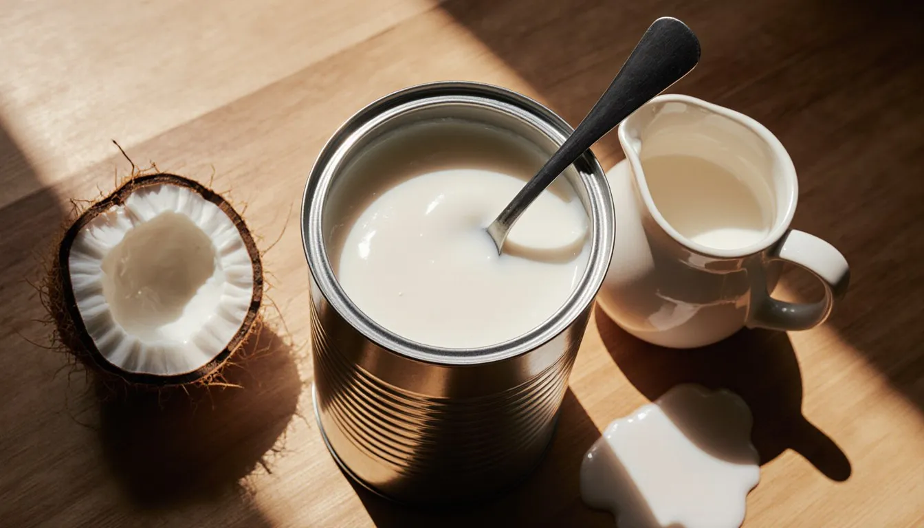 Opened can of coconut cream, cracked coconut, and a pitcher of heavy cream on a wooden counter