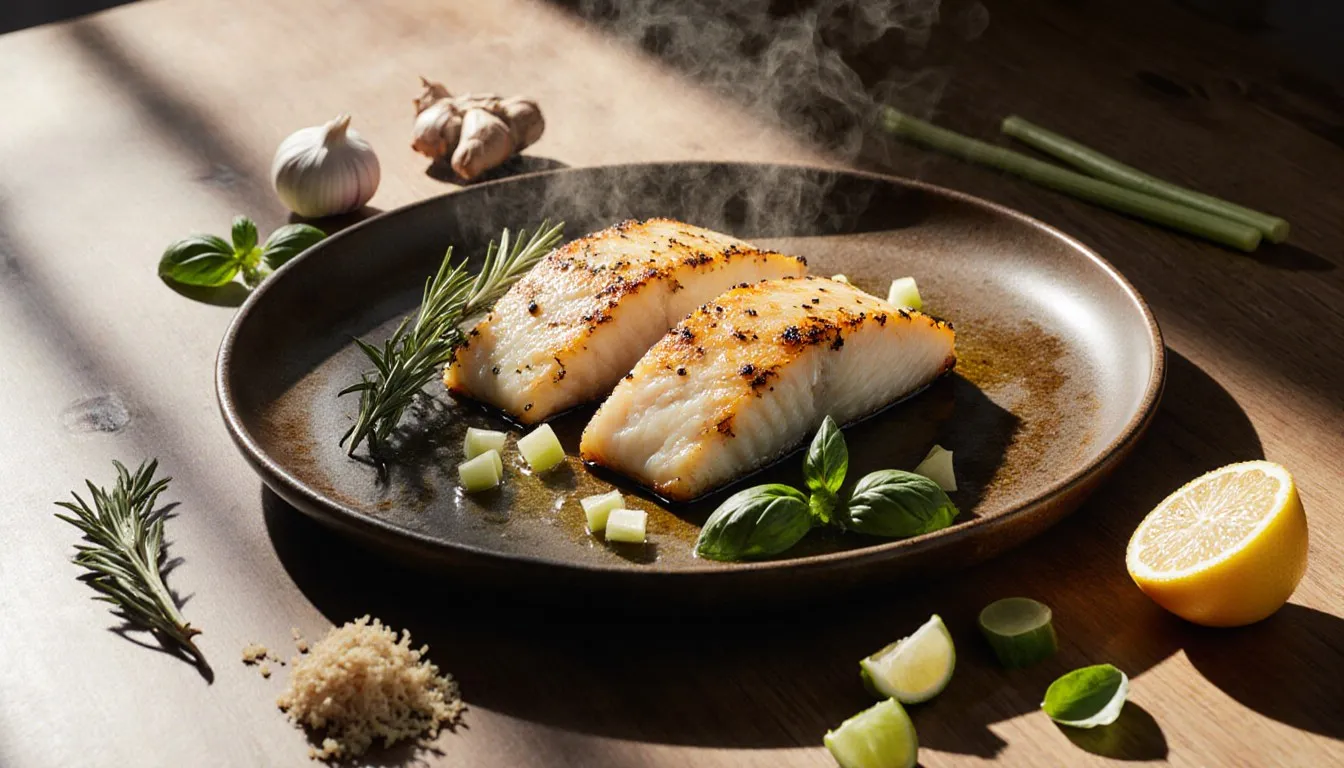 Pan-seared cod fillets plated with fresh rosemary, basil, garlic, and lemon on a wooden table