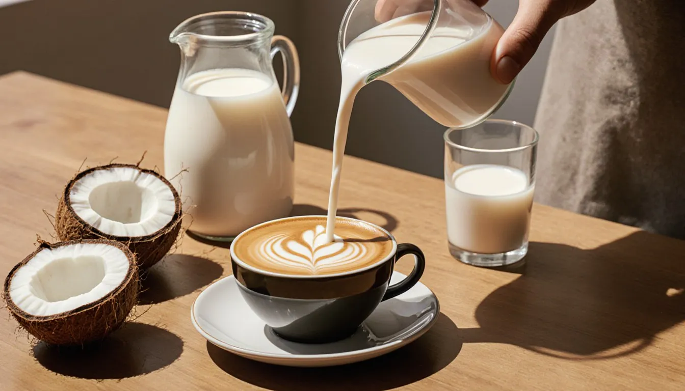 Coffee being poured with almond milk, oat milk, and coconut arranged nearby as creamer substitutes
