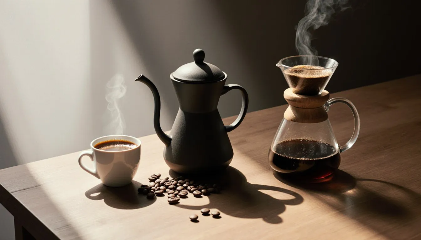 An espresso cup, an Ethiopian jebena coffee pot, and a pour-over dripper arranged together on a wooden table