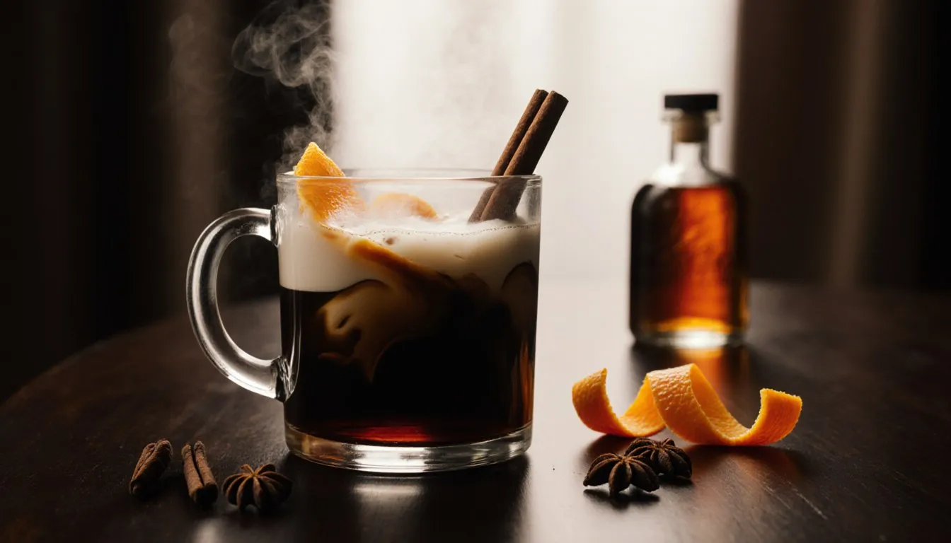 A glass mug of spiked coffee garnished with cinnamon and orange peel, with cloves scattered on the table beside it