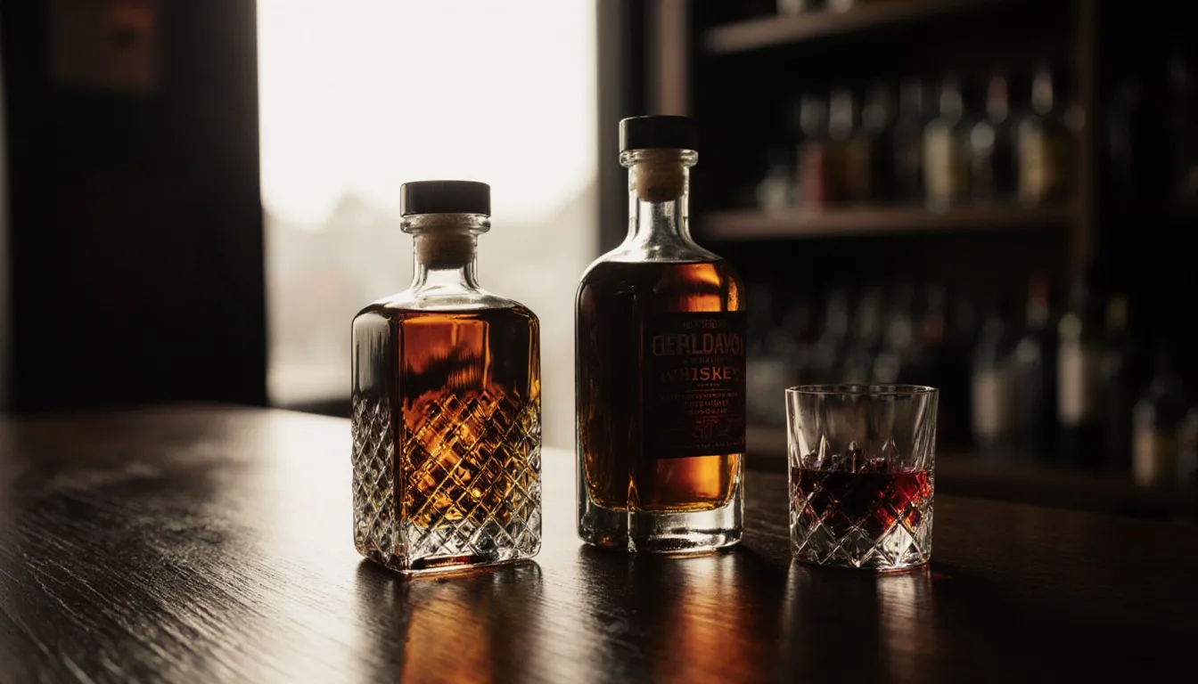 Amber bottles of brandy and whiskey beside a snifter and dark juice, standing in as cognac substitutes