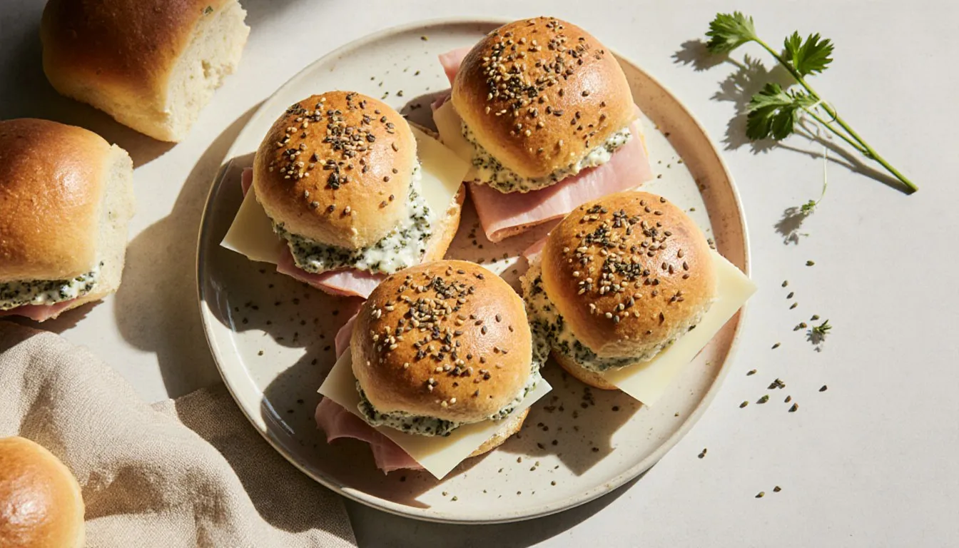 Cold finger sandwiches on dinner rolls filled with ham, Swiss cheese, and herbed butter, topped with poppy seeds