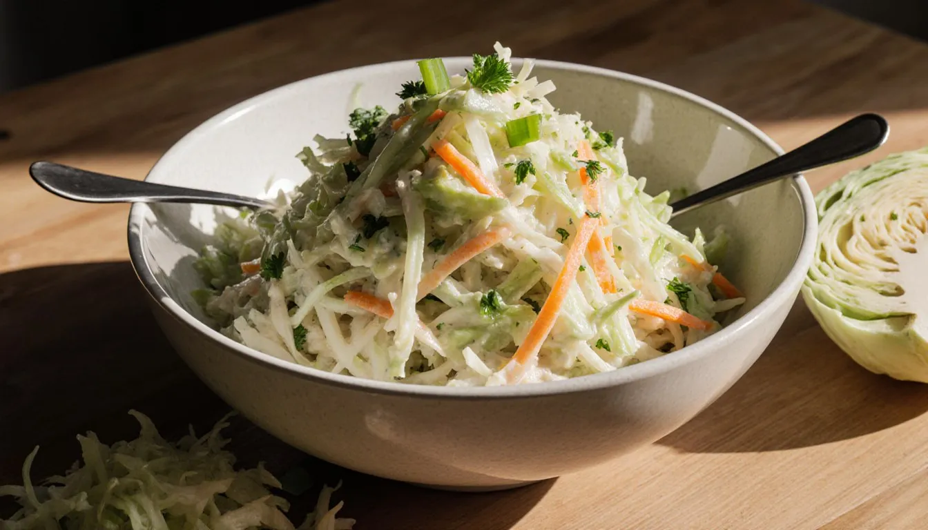 A bowl of creamy coleslaw with shredded cabbage, grated carrot, and chopped parsley