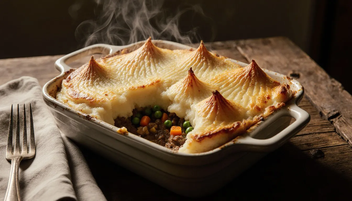 A golden-crusted shepherd's pie fresh from the oven on a rustic wooden table