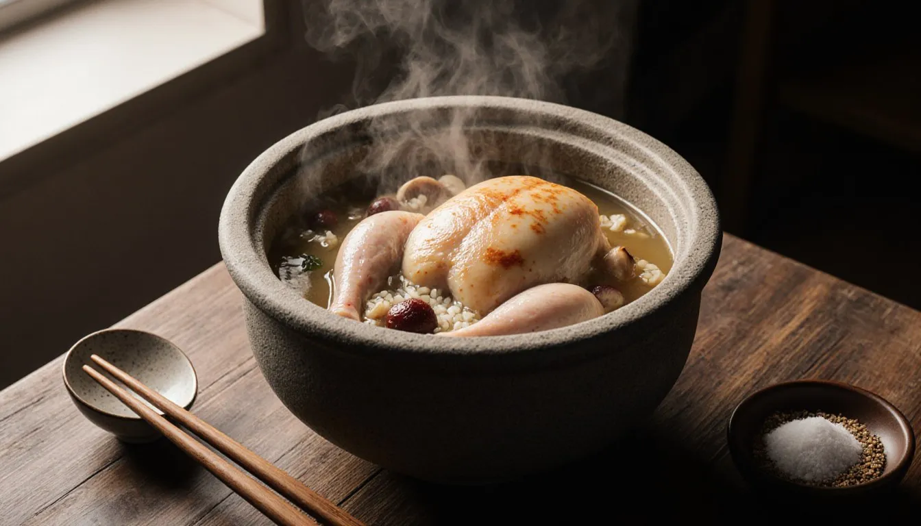 A steaming bowl of Korean ginseng-stuffed chicken soup, sam gae tang, served in a stone pot with chopsticks alongside