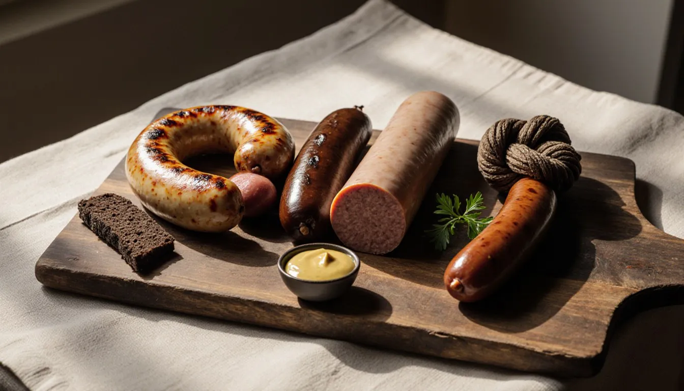 An assortment of German sausages, including bratwurst, blood sausage, and landjäger, arranged on a wooden board