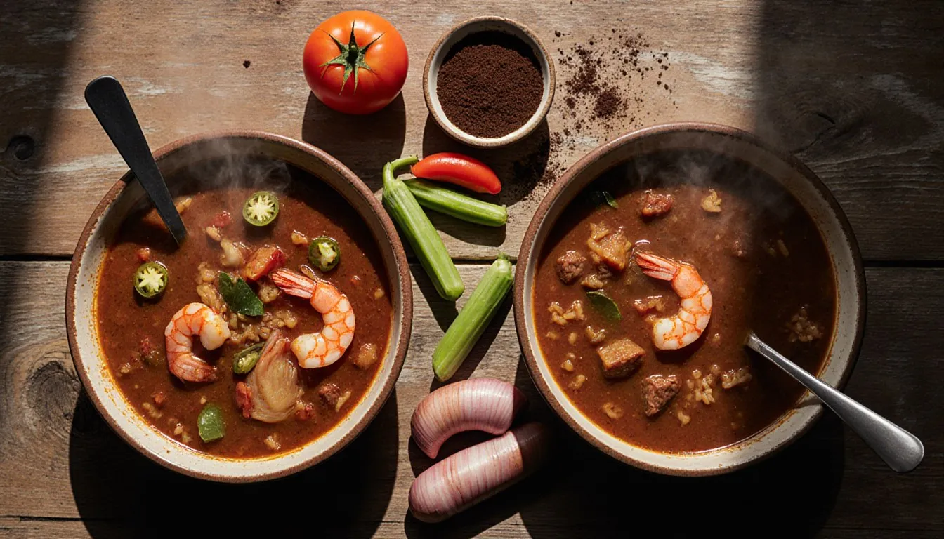 Two Louisiana stews side by side: a tomato-rich Creole gumbo and a darker roux-based Cajun stew with fresh ingredients nearby