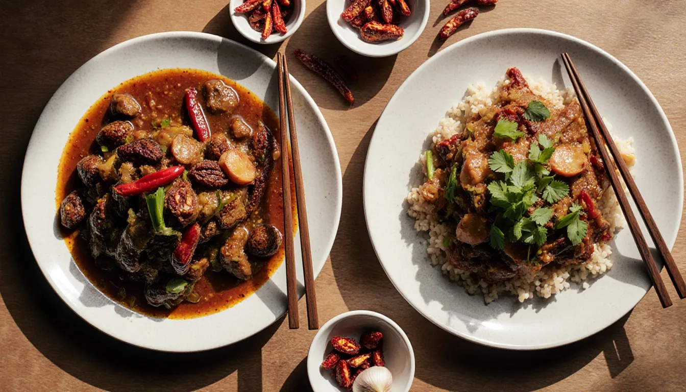Side-by-side Szechuan and Hunan style Chinese dishes with dried and fresh chilies on a wooden table