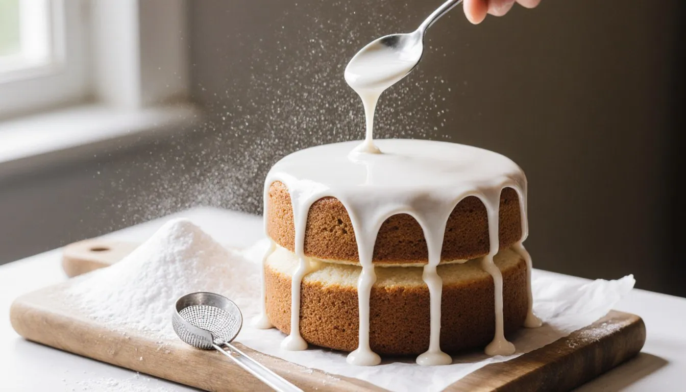 Confectioners' sugar icing drizzling from a spoon over a cake beside a mound of sifted powdered sugar