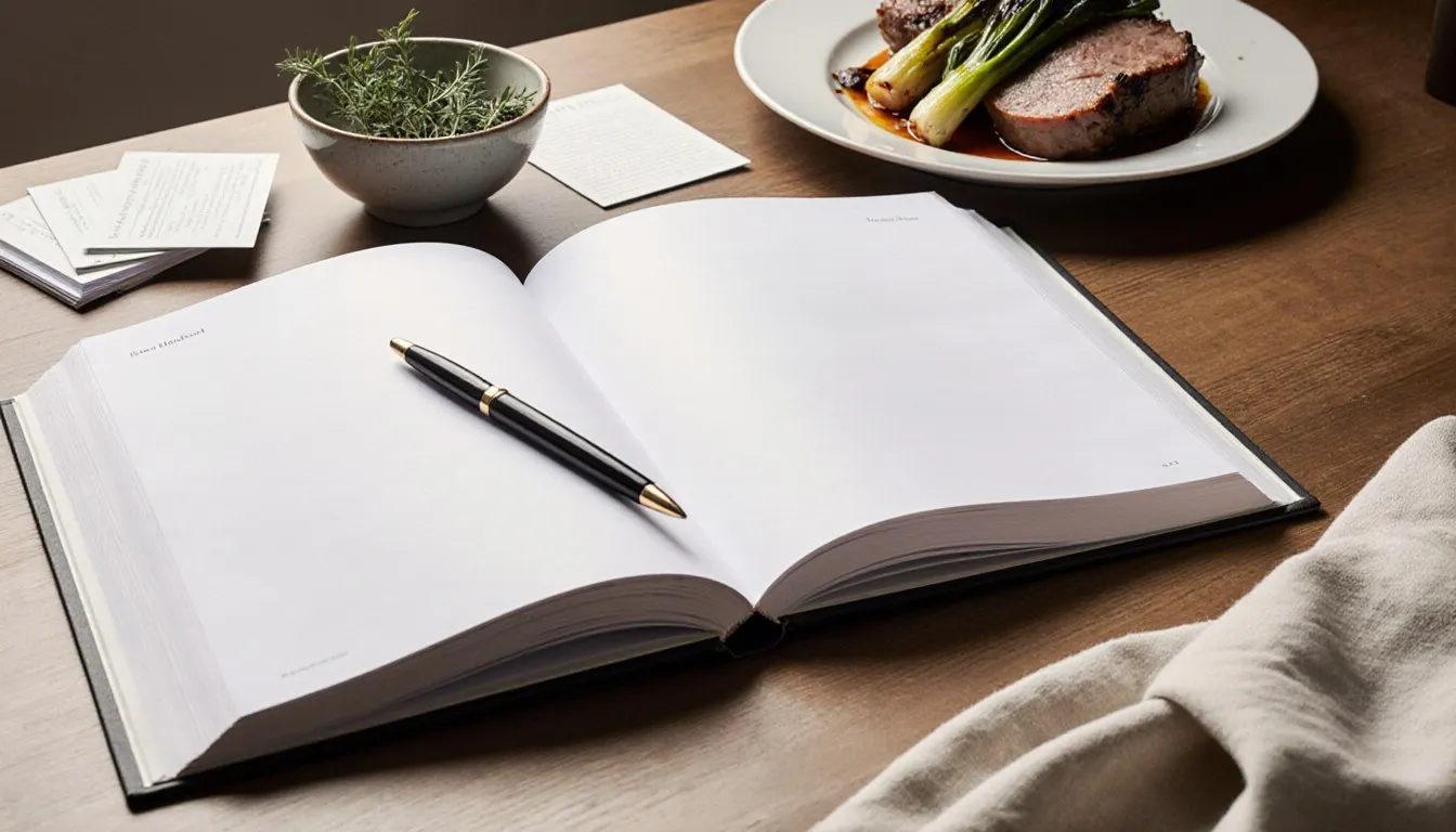 An open handmade cookbook beside a plated pan-roasted pork loin with leeks on a kitchen counter