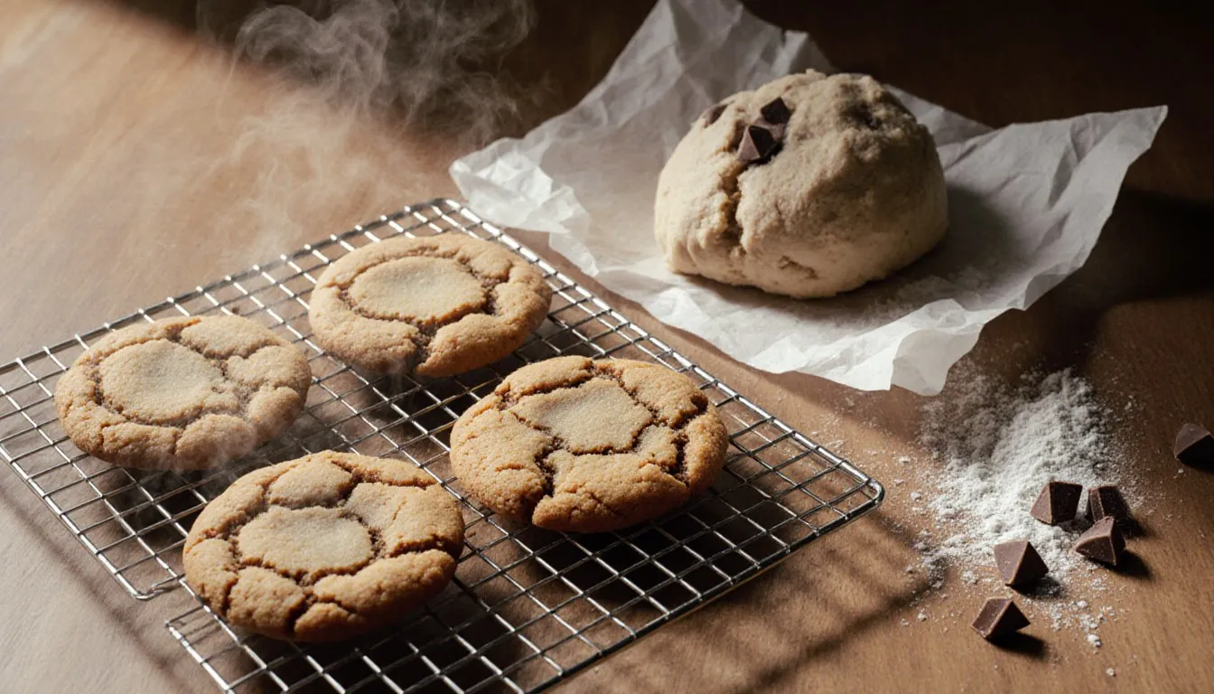 Freshly baked cookies cooling on a wire rack beside a mound of raw cookie dough