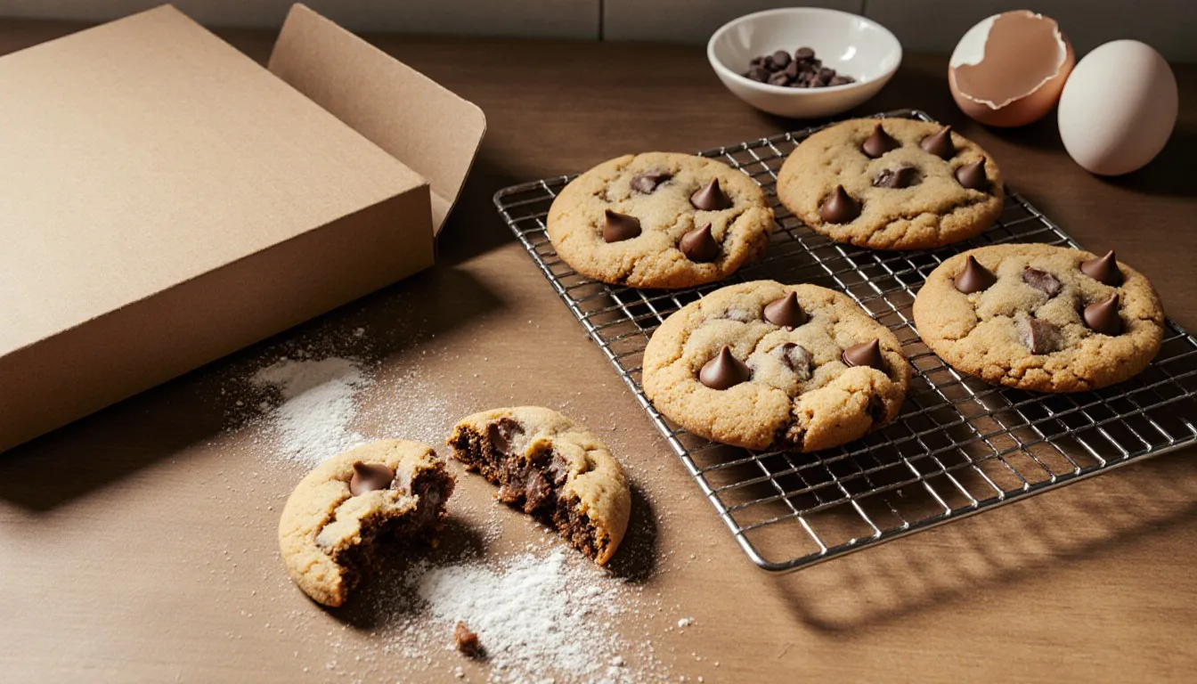 Freshly baked cake mix cookies with melted chocolate chips cooling on a wire rack