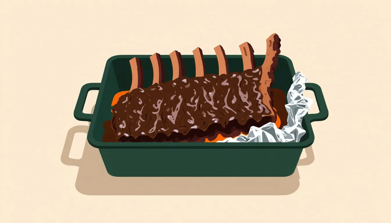A glazed rack of beef ribs resting in a roasting pan with foil folded back