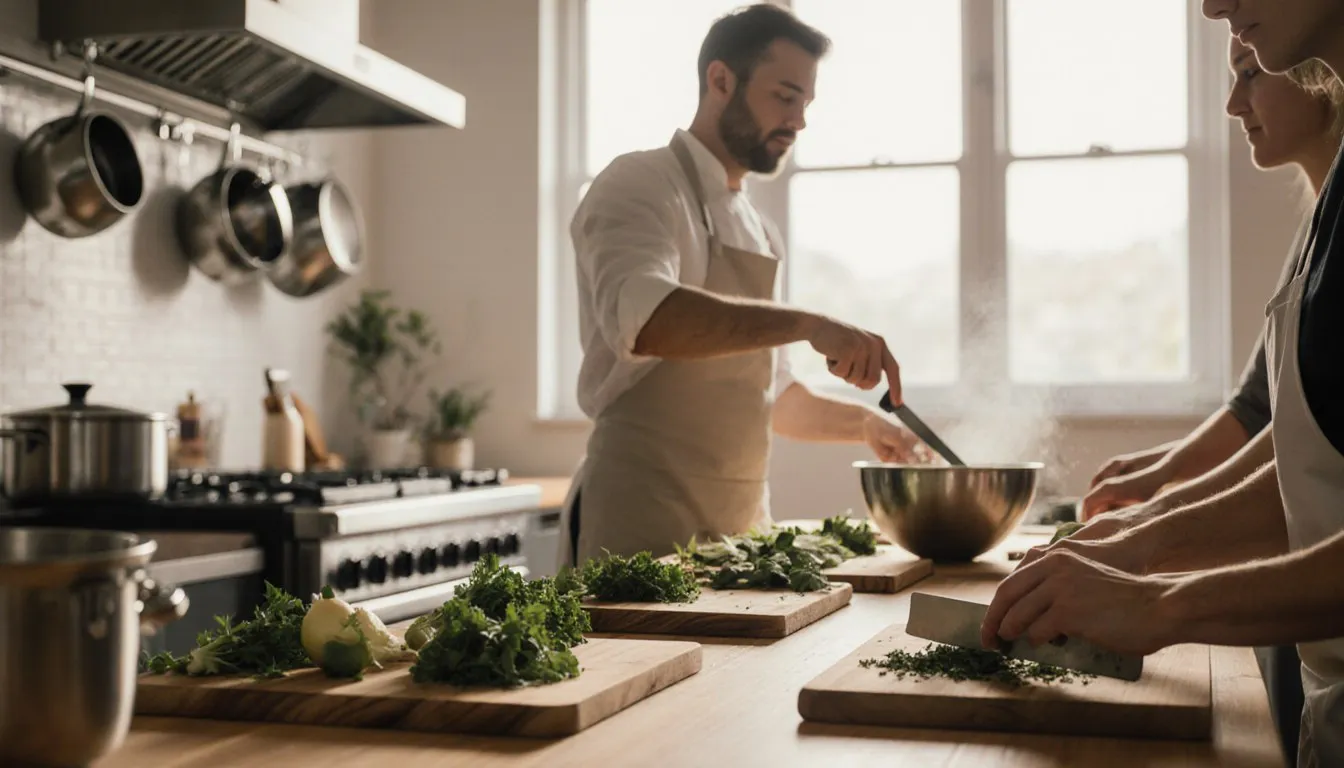 Students chopping fresh vegetables at a counter during a hands-on cooking class