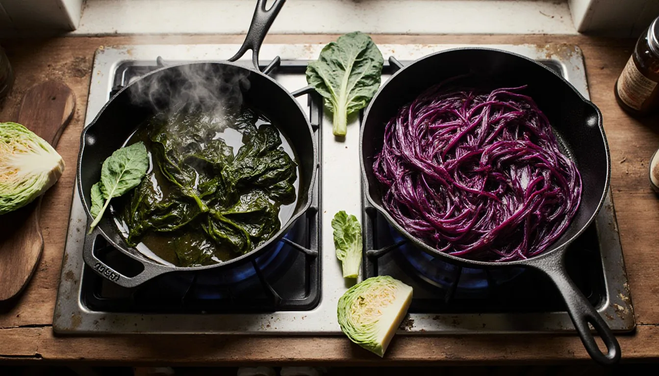 Two pans on a stovetop, one of glossy braised greens and one of deep red braised cabbage, with cabbage wedges nearby