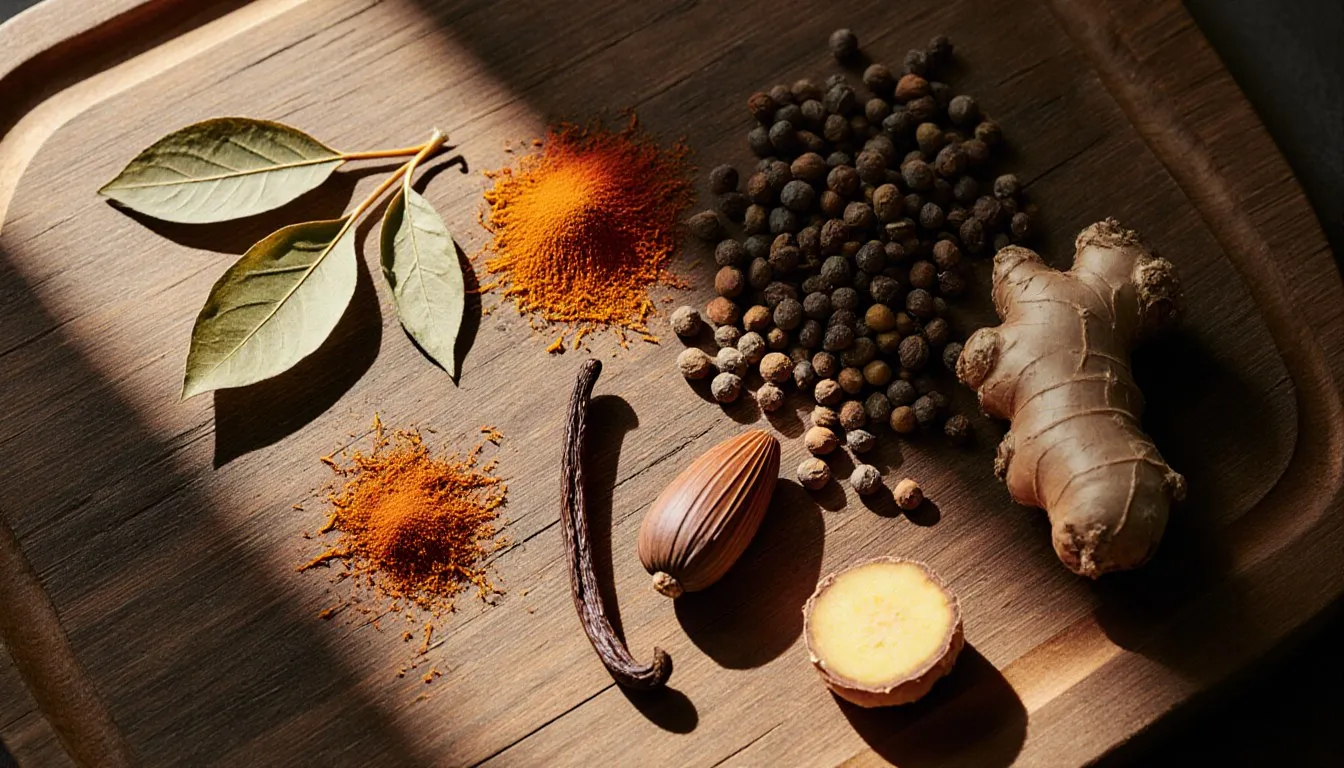 Bay leaves, saffron threads, a vanilla pod, juniper berries, and fresh ginger arranged on a wooden board