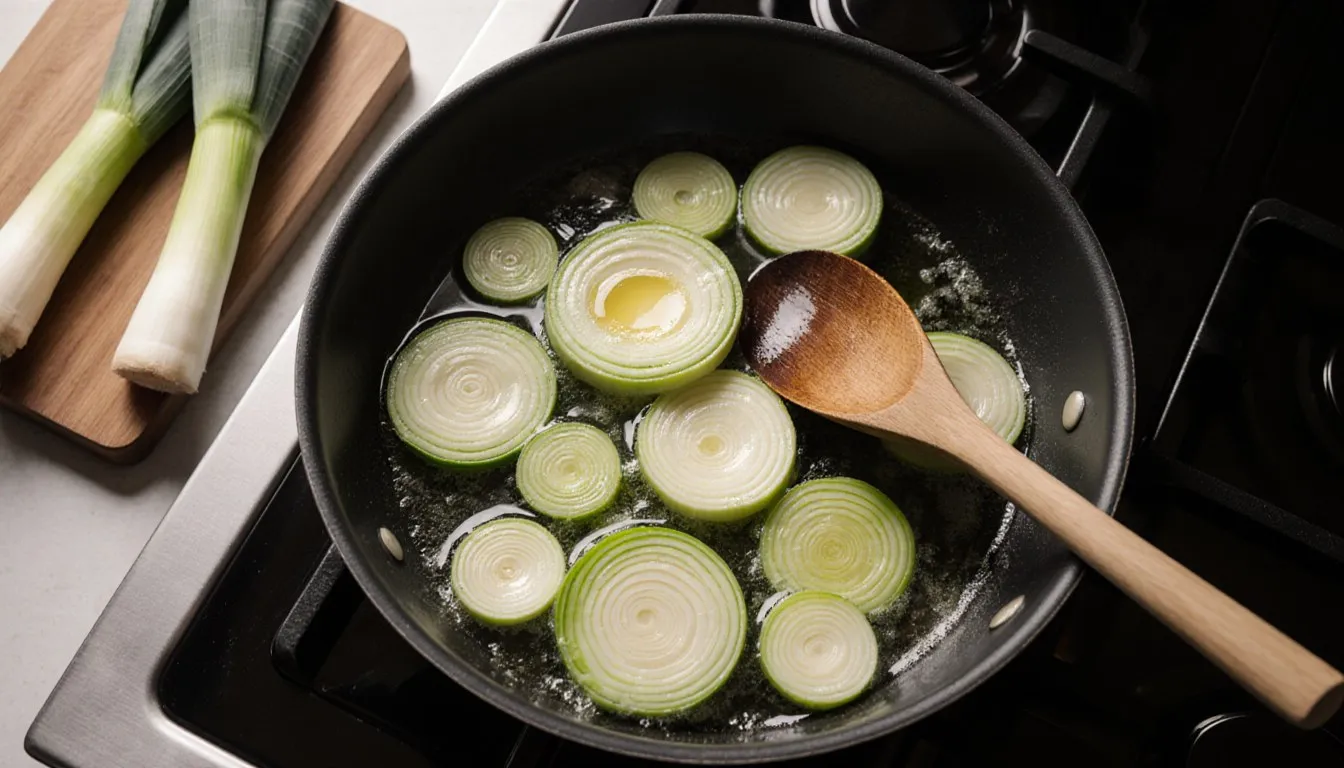 Sliced leeks cooking in butter in a skillet, stirred with a wooden spoon on the stove