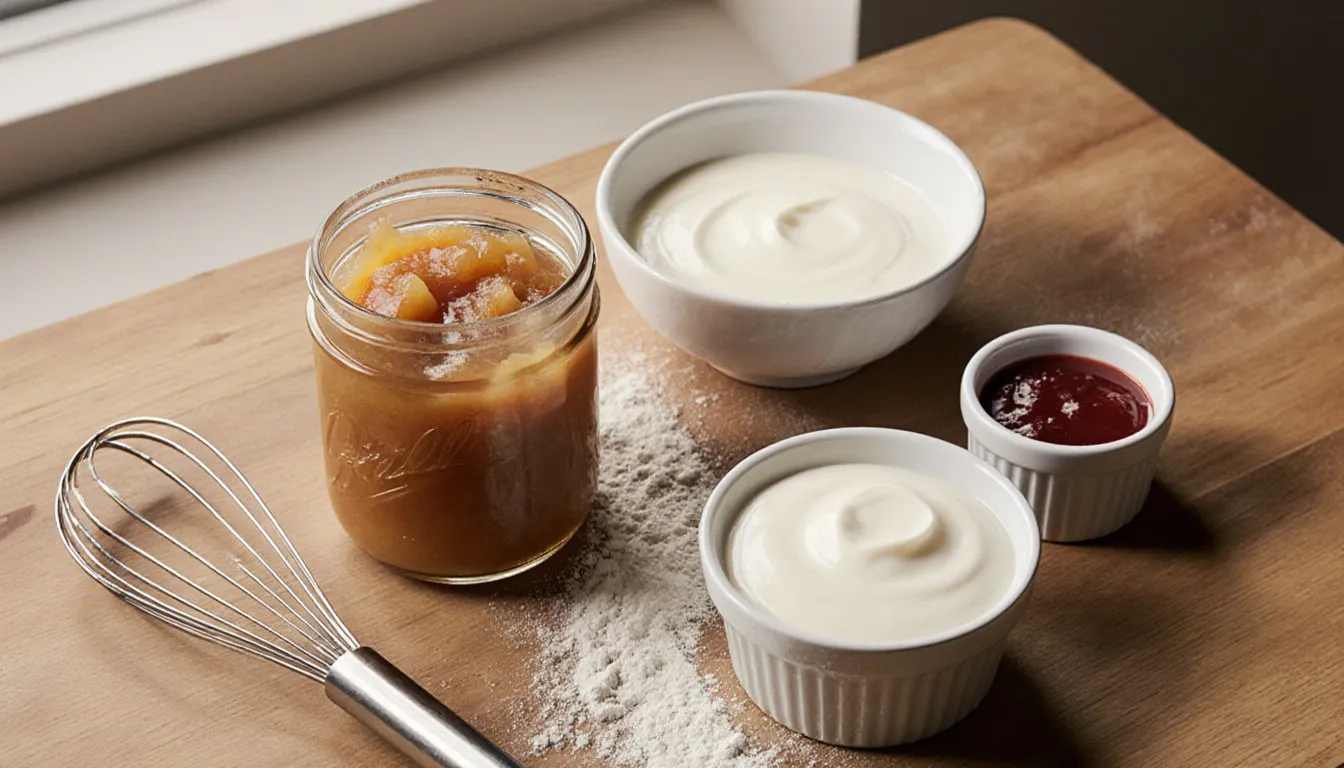 Applesauce, yogurt, and fruit puree arranged on a kitchen counter as substitutes for cooking oil