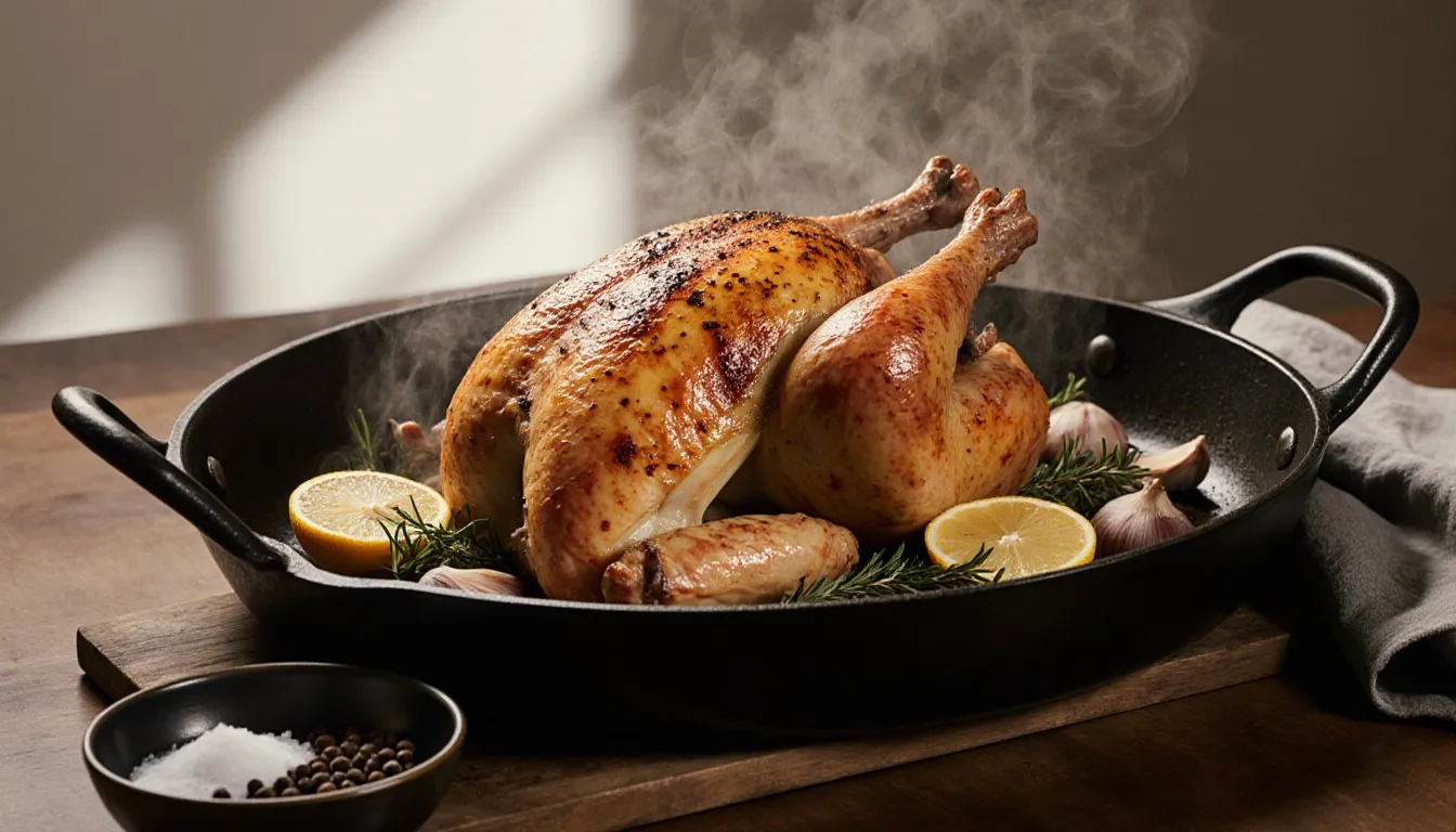 A golden roast chicken resting in a pan with lemon halves, garlic cloves, and fresh thyme