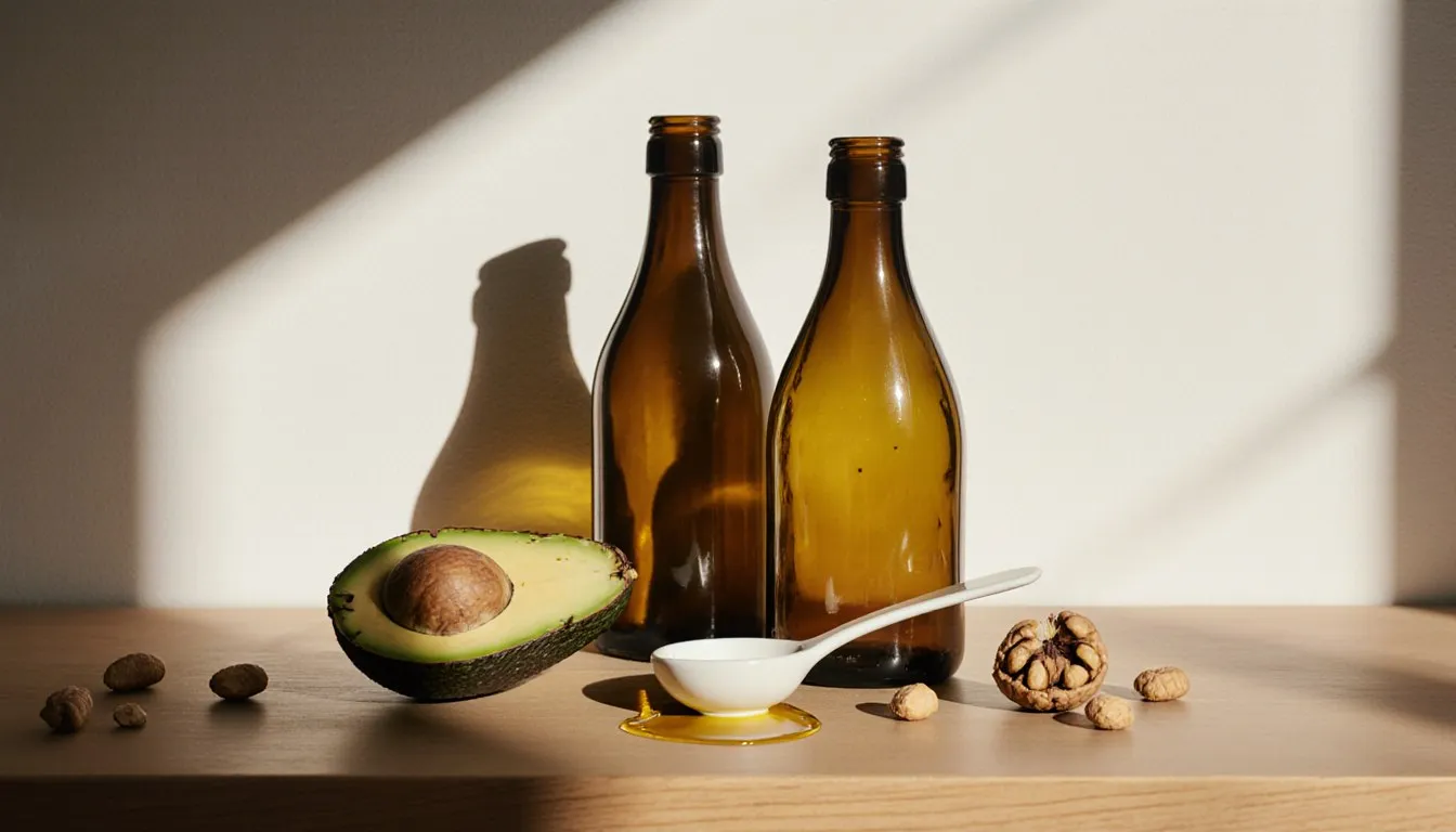Bottles of walnut, olive, and avocado oil beside a cracked walnut and halved avocado on a wooden counter
