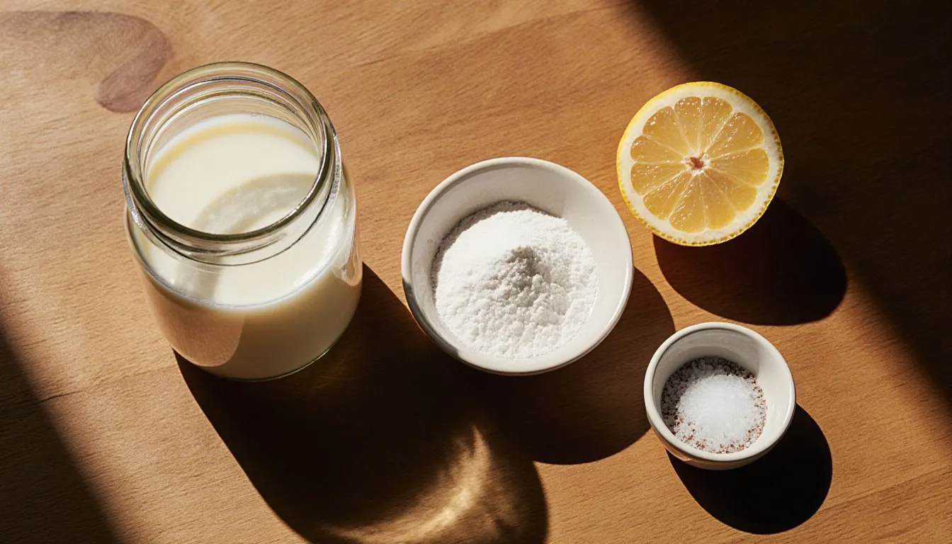 Overhead view of buttermilk, baking soda, a halved lemon, and coarse salt on a wood counter
