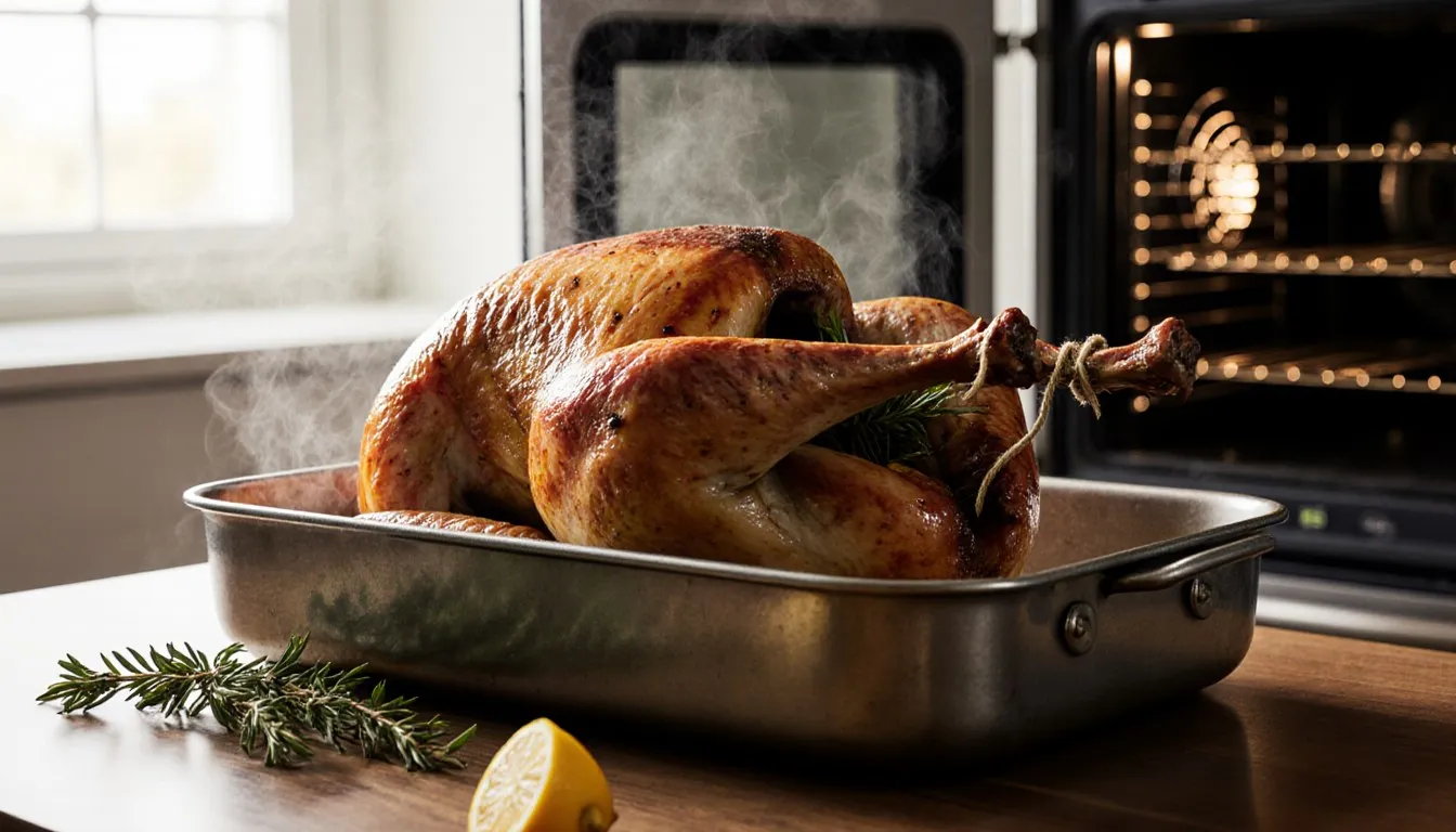 A golden roasted turkey in a roasting pan beside an open convection oven with its interior fan visible