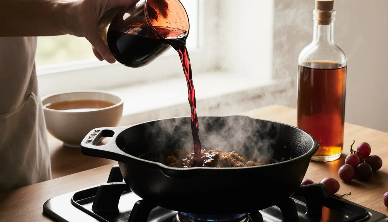 Red wine deglazing a hot skillet beside a bowl of broth and a bottle of vinegar, common cooking wine substitutes
