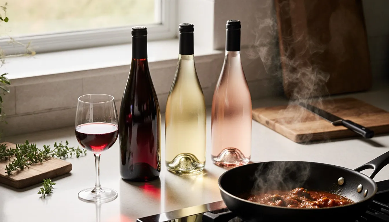 Red, white, and rosé wine bottles and glasses beside a skillet with wine being poured into a simmering sauce