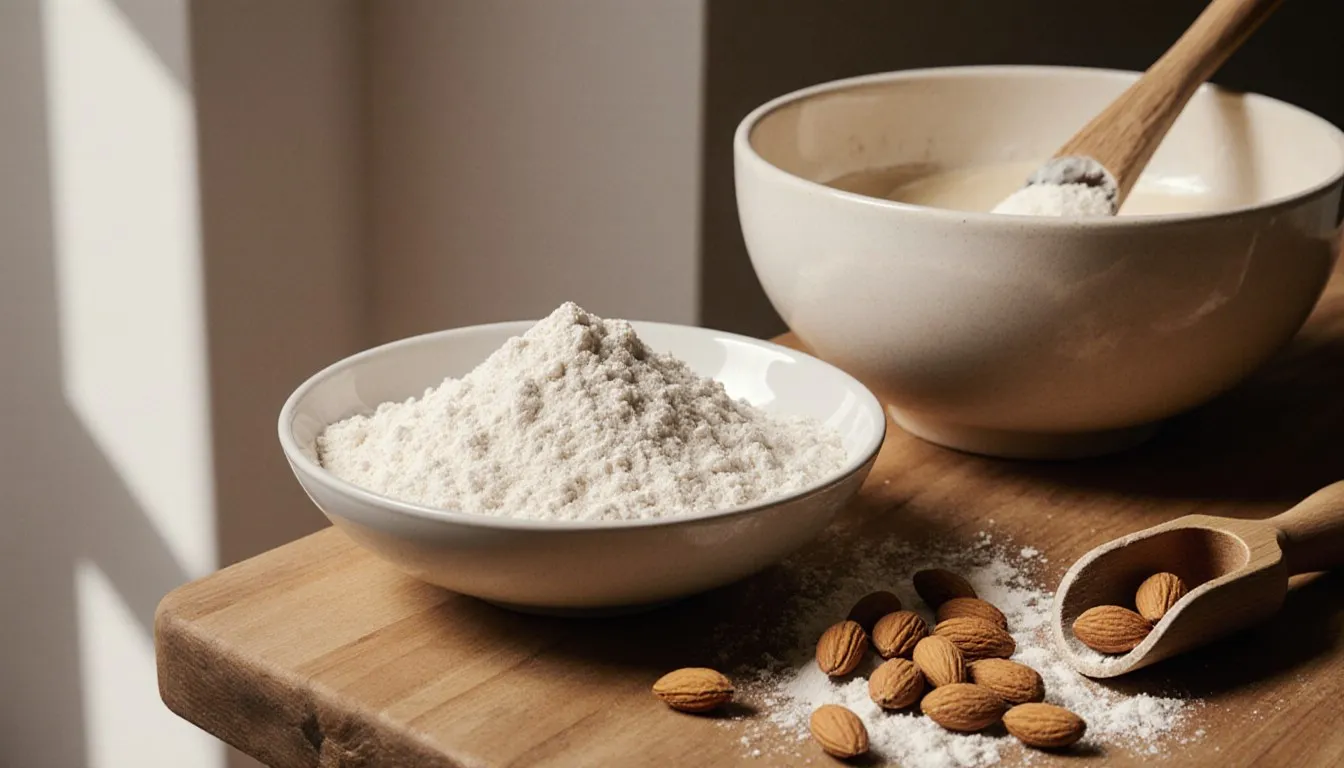 A bowl of almond flour beside whole almonds and batter on a kitchen counter