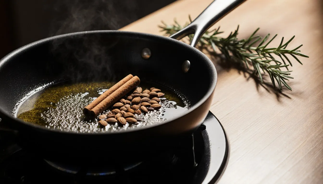 A cinnamon stick and whole spice pods blooming in hot oil in a skillet, with fresh rosemary sprigs on the counter beside the stove