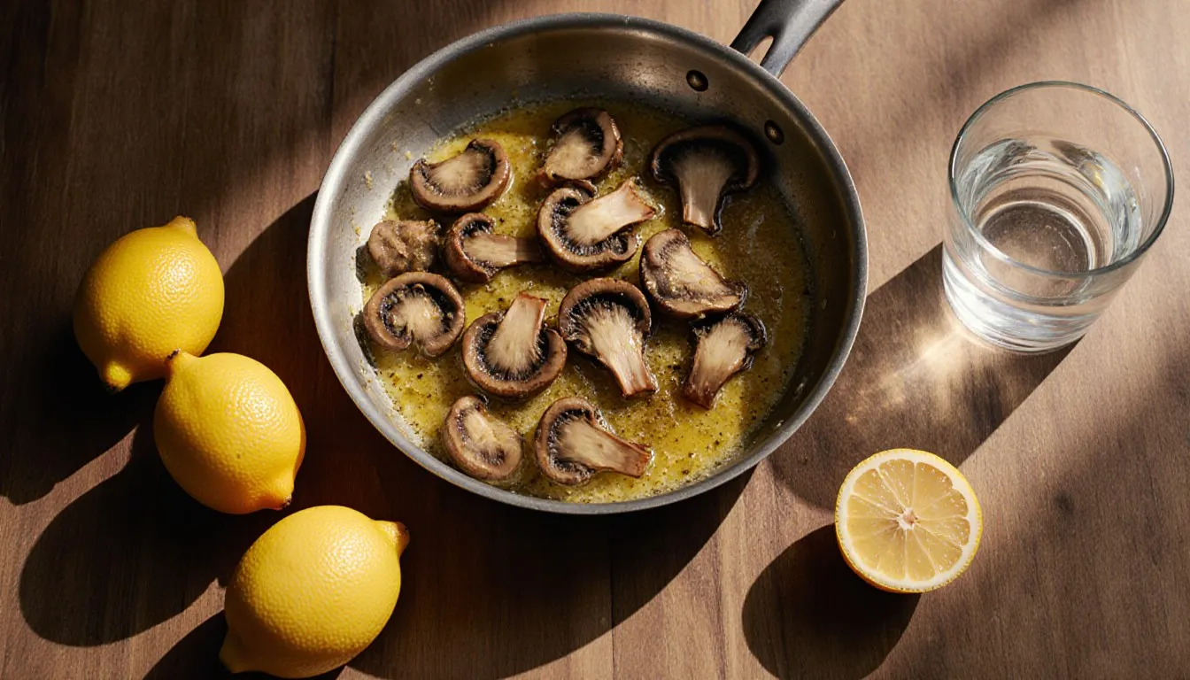 Sautéed lemon-garlic butter mushrooms served beside fresh whole and halved lemons on a wooden counter