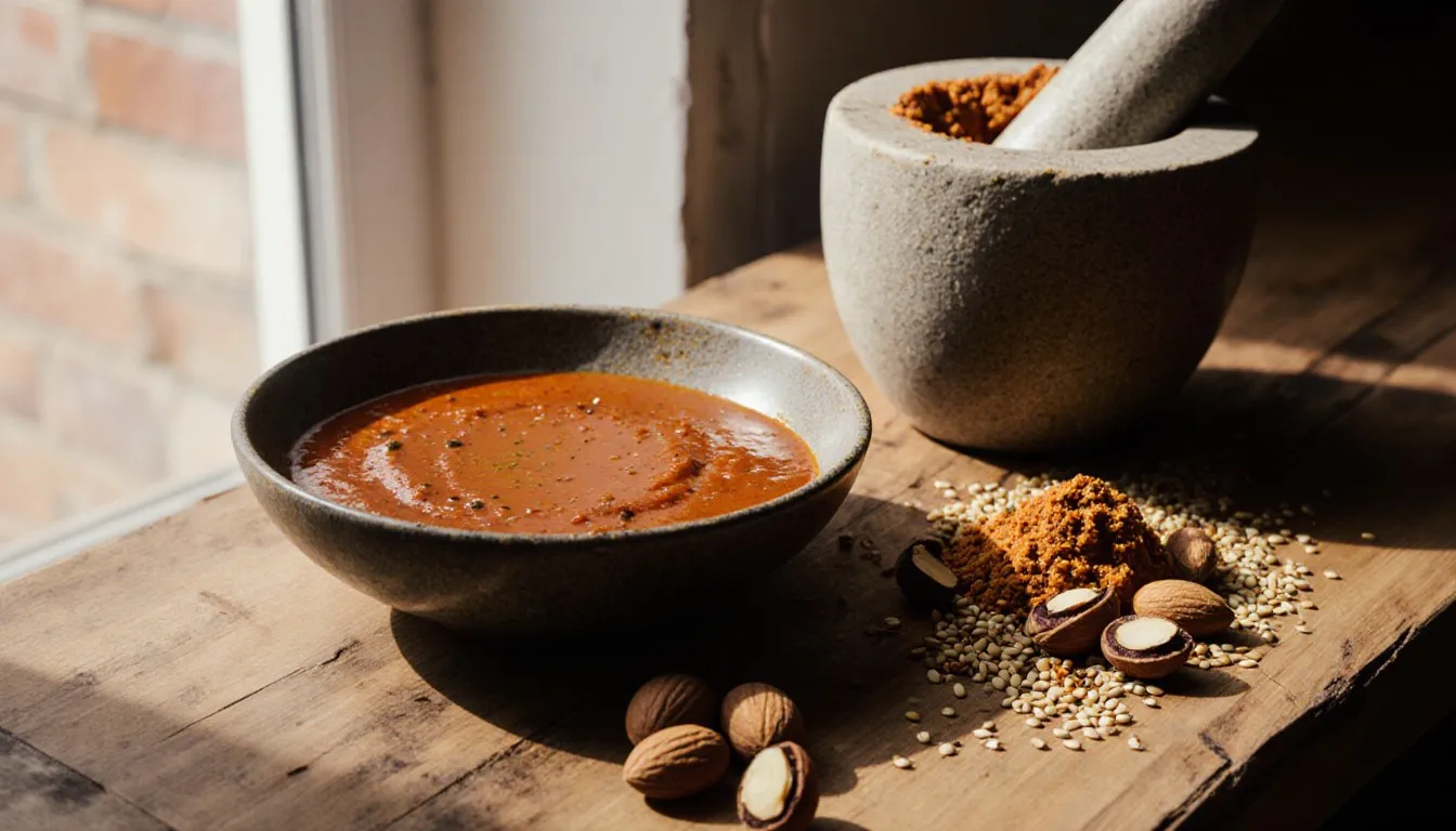 A bowl of romesco sauce beside toasted almonds and a mortar of freshly ground nuts and seeds