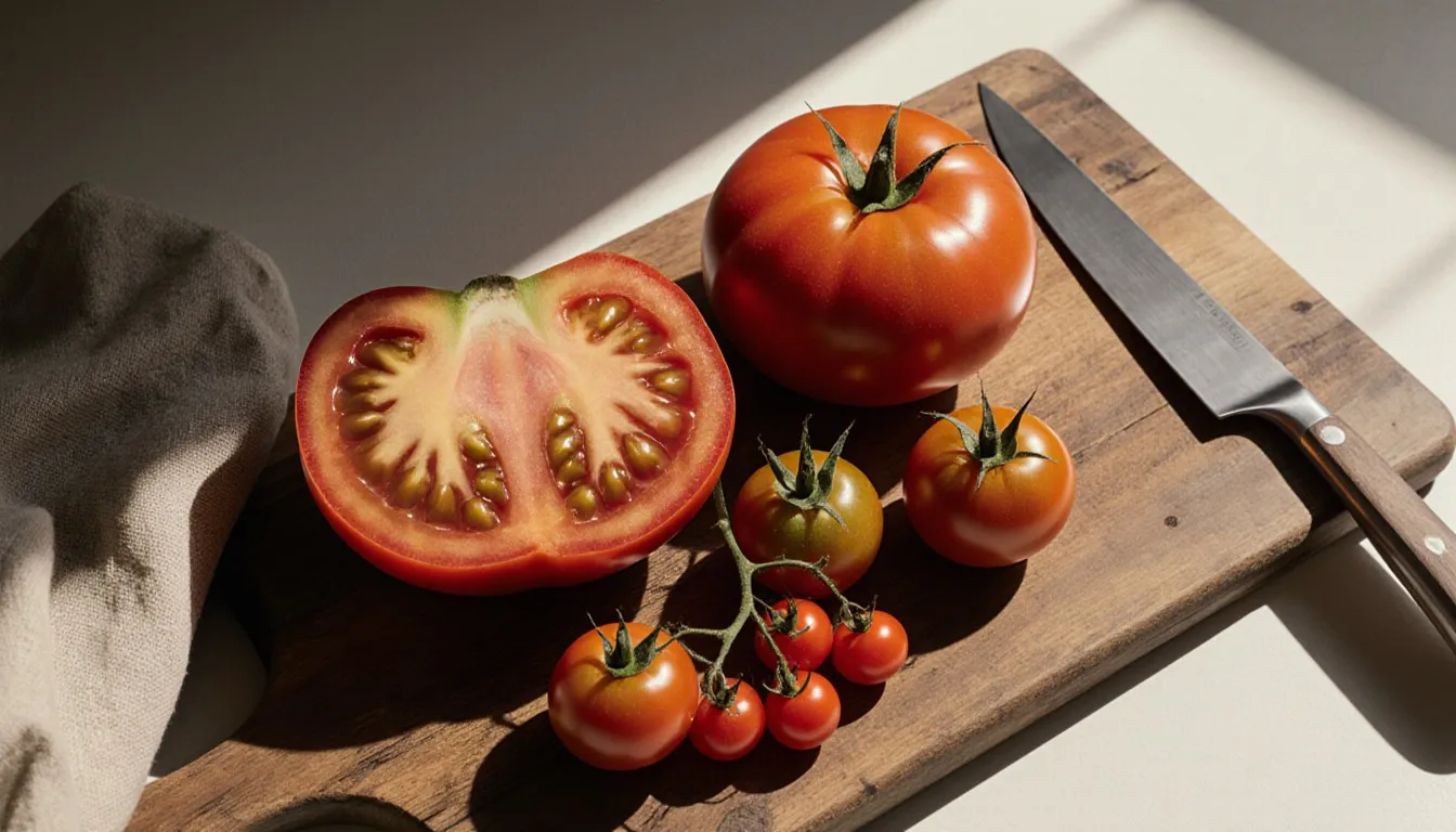 A halved beefsteak tomato showing its seed cavities beside a whole tomato, cherry tomatoes on the vine, and a knife