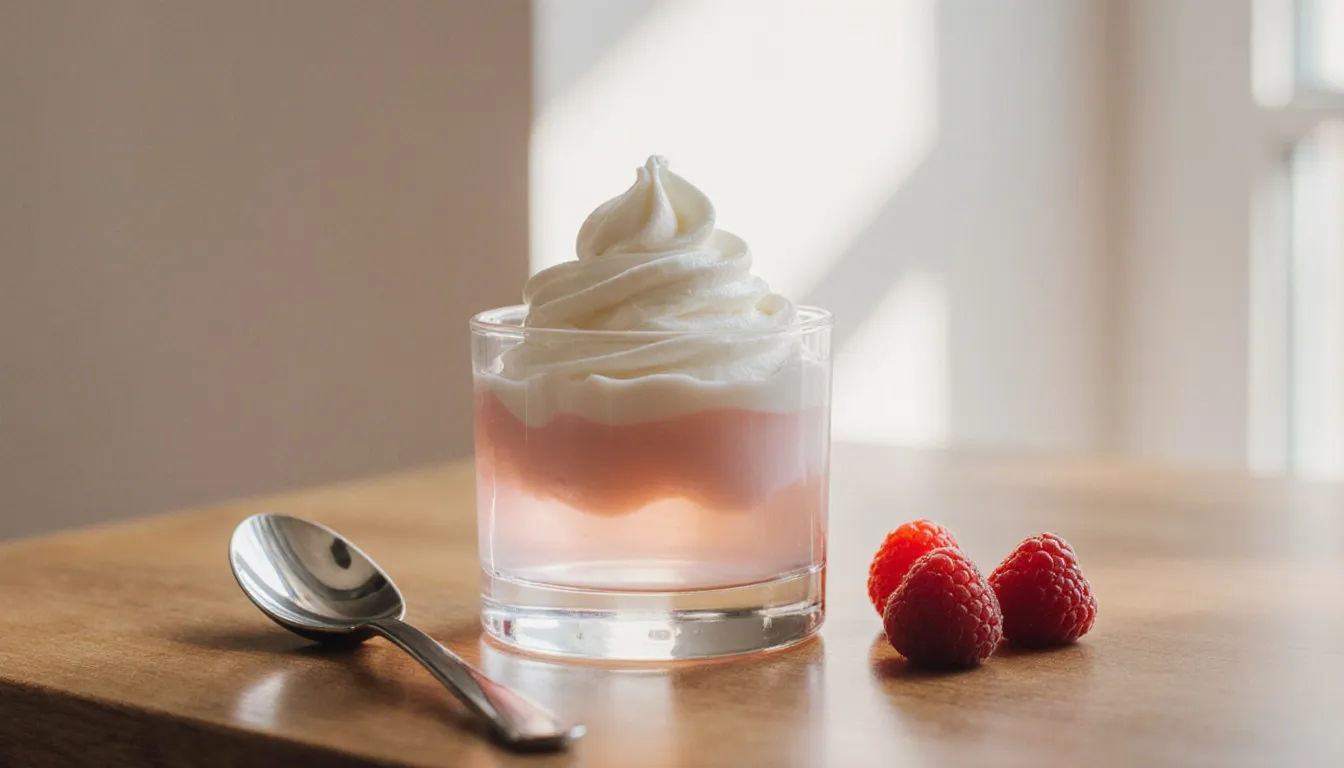 A glass cup of layered Cool Whip jello topped with whipped topping and fresh raspberries on a kitchen counter