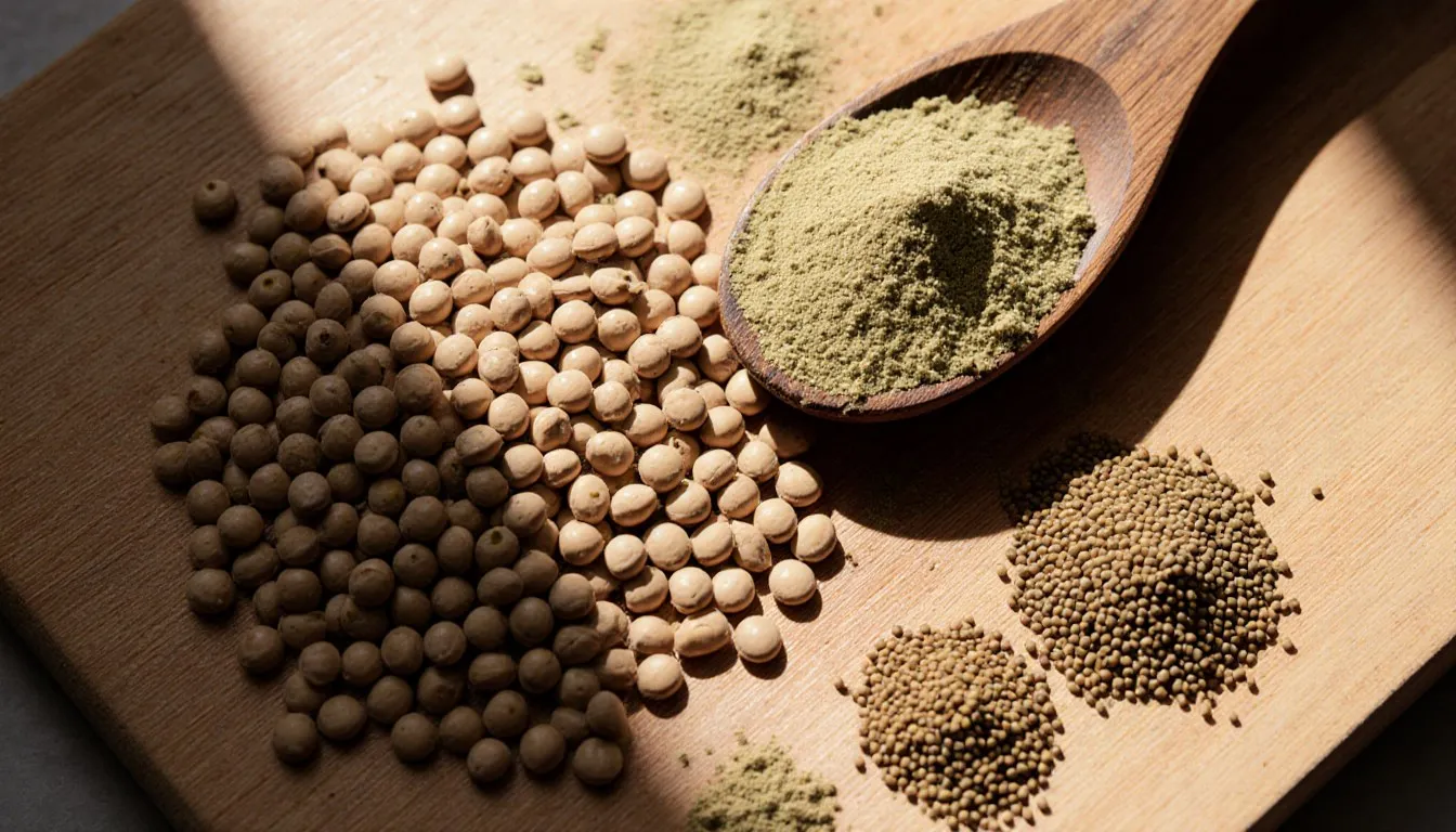 Whole coriander seeds, ground coriander powder, and alternative spices like cumin and fennel arranged on a wooden board