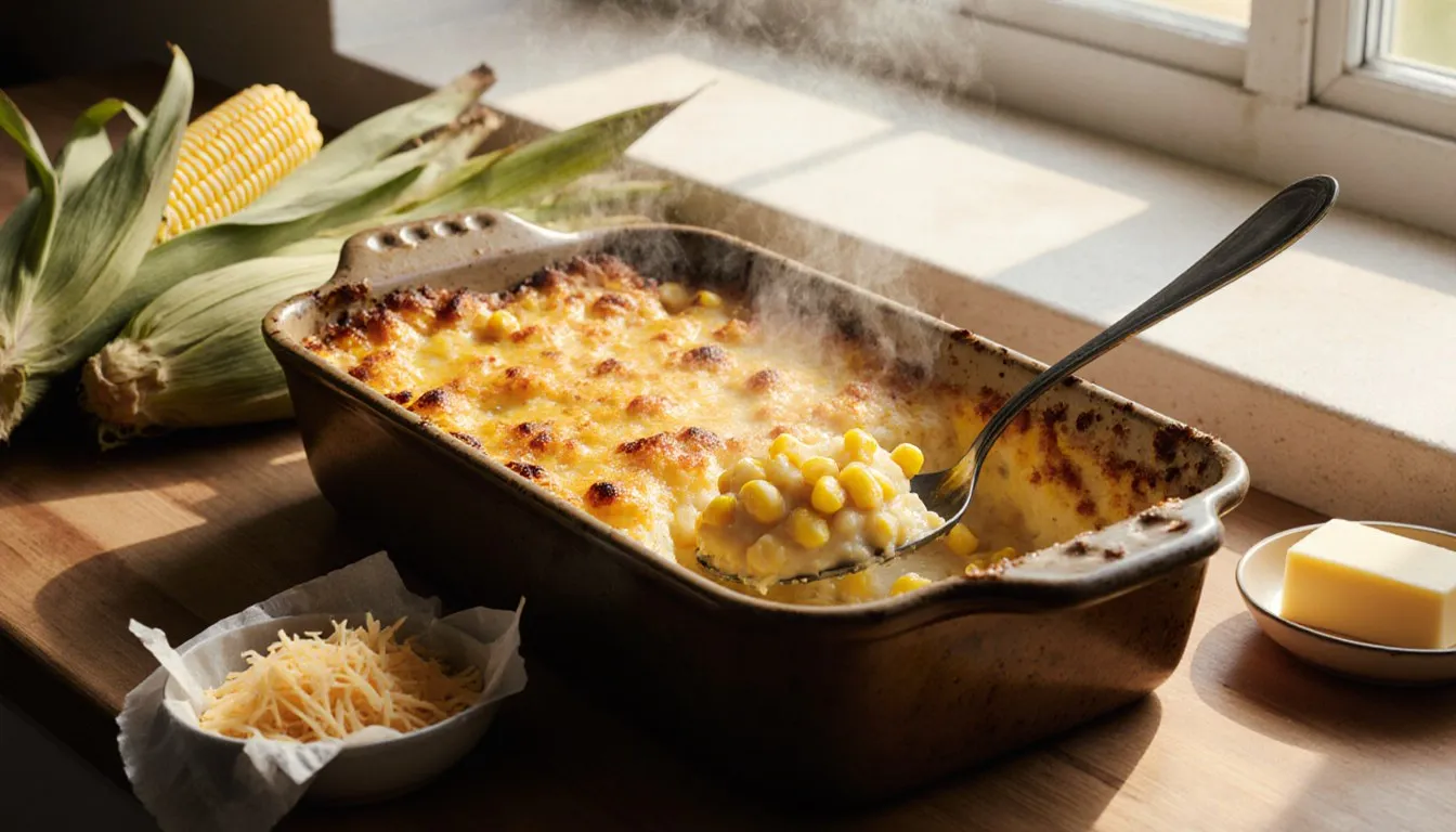 A golden baked corn casserole with melted cheddar, served with fresh corn and butter nearby
