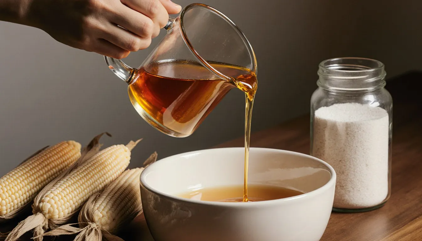 Golden corn syrup poured from a glass pitcher into a bowl, with dried corn cobs on the counter