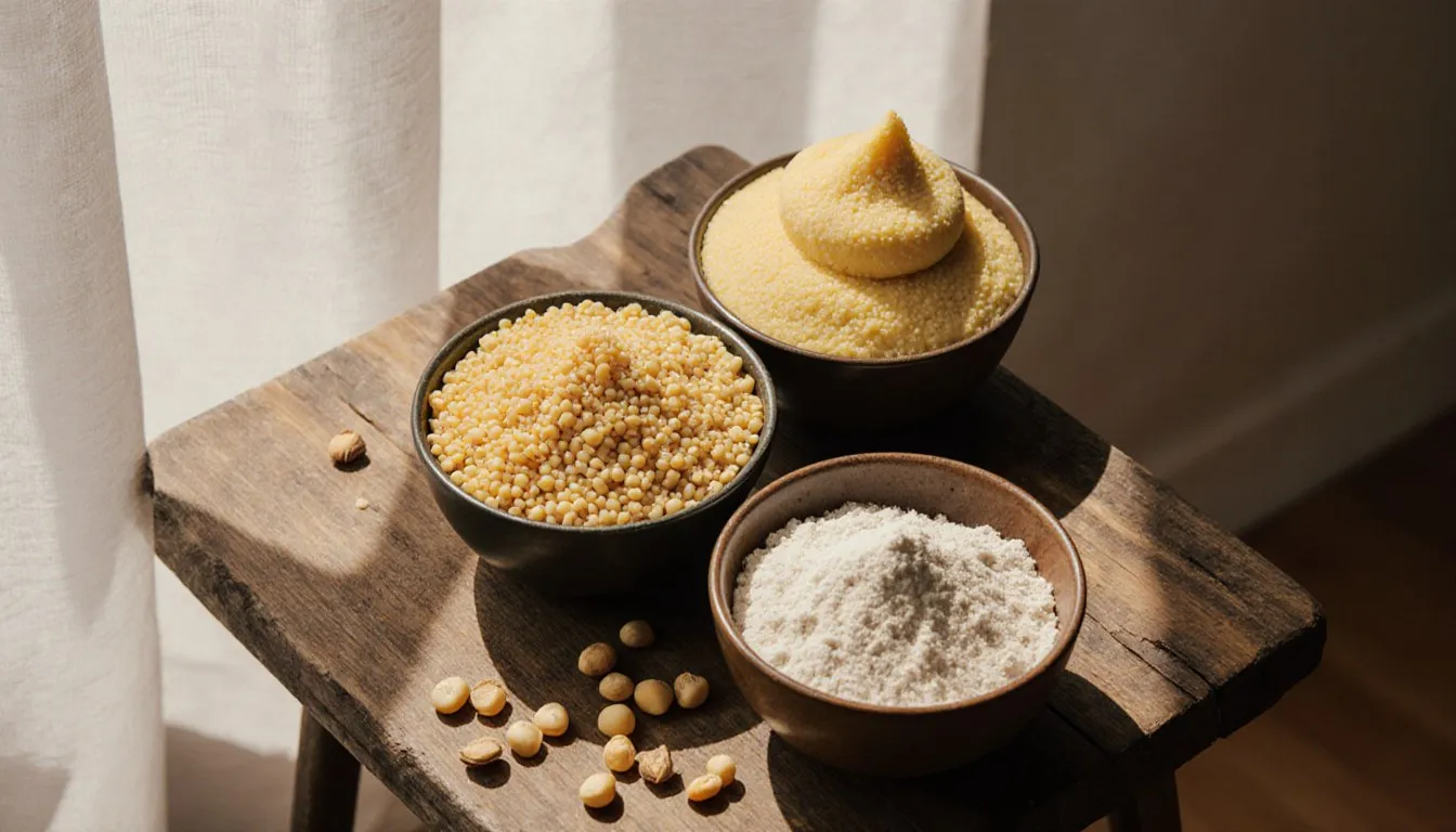 Bowls of corn grits, polenta, and cornflour shown as substitutes for cornmeal