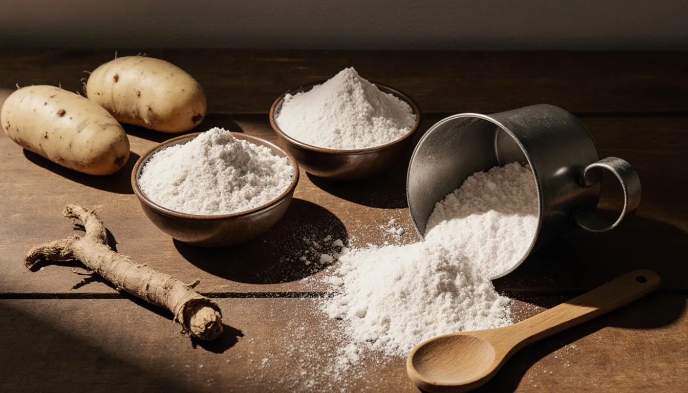 Bowls of tapioca, arrowroot, and rice flour beside a spilled measuring cup of cornstarch on a wooden counter
