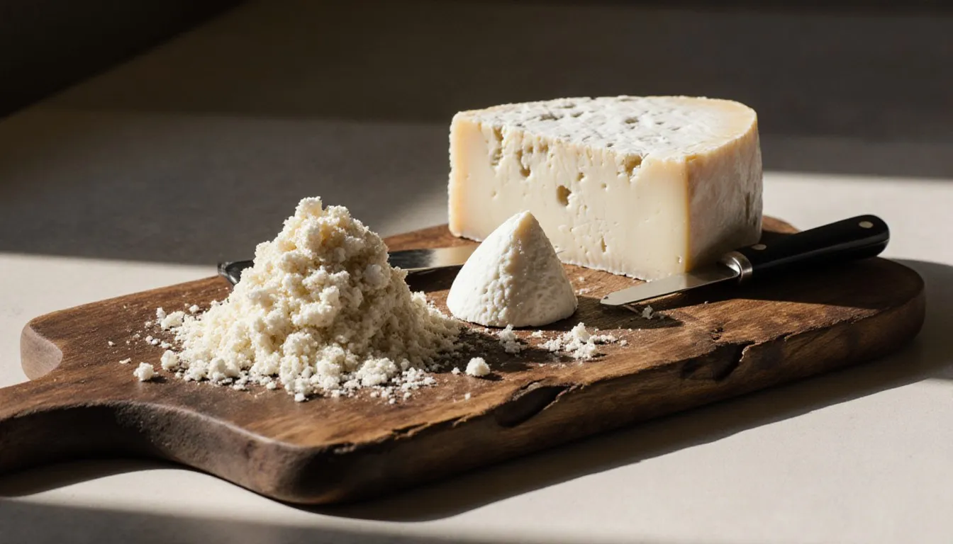 Crumbled cotija cheese beside feta and queso fresco on a wooden board, showing substitute options
