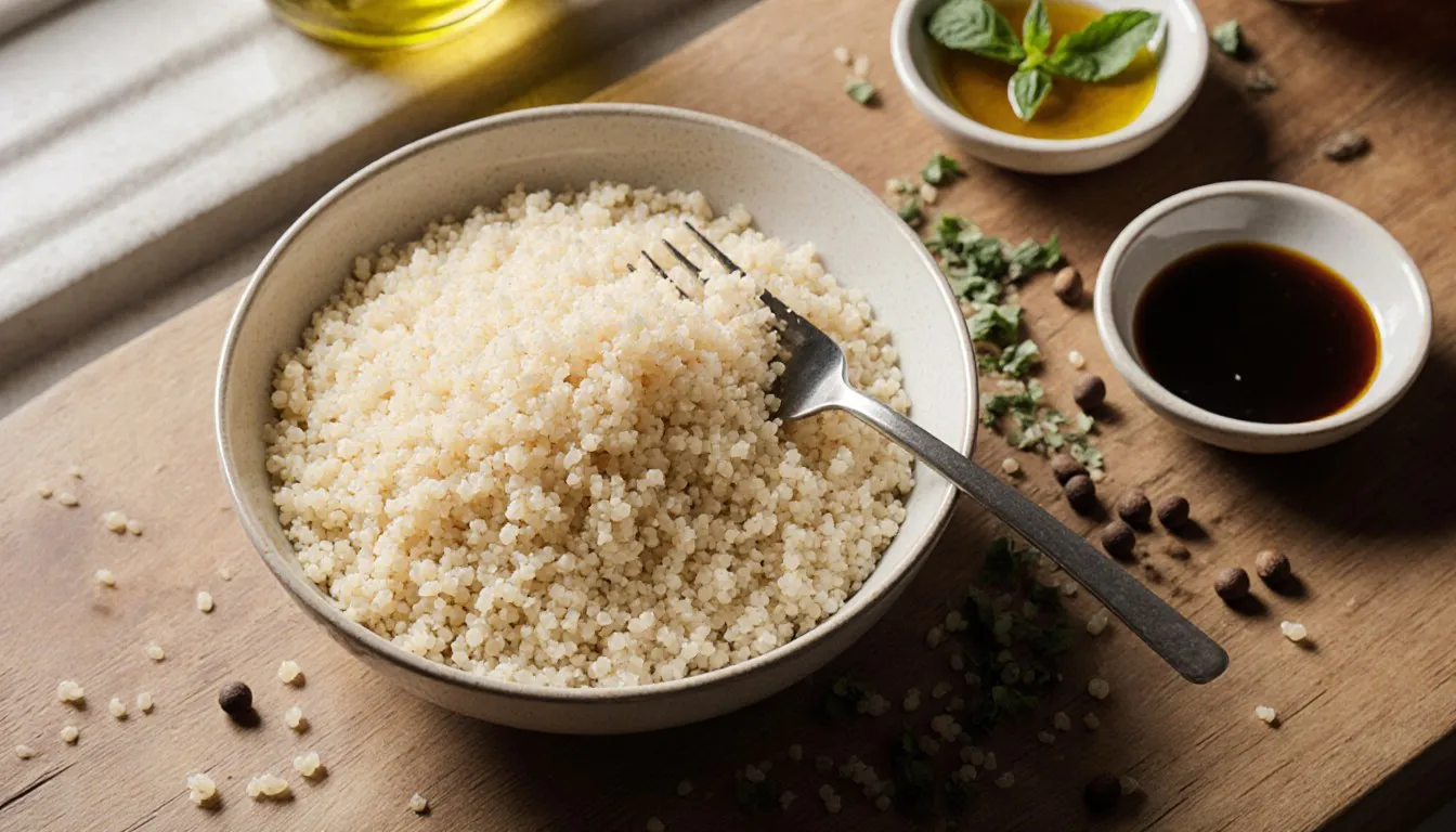 A bowl of fluffy couscous being fluffed with a fork, next to small dishes of olive oil, balsamic vinegar, and herbs