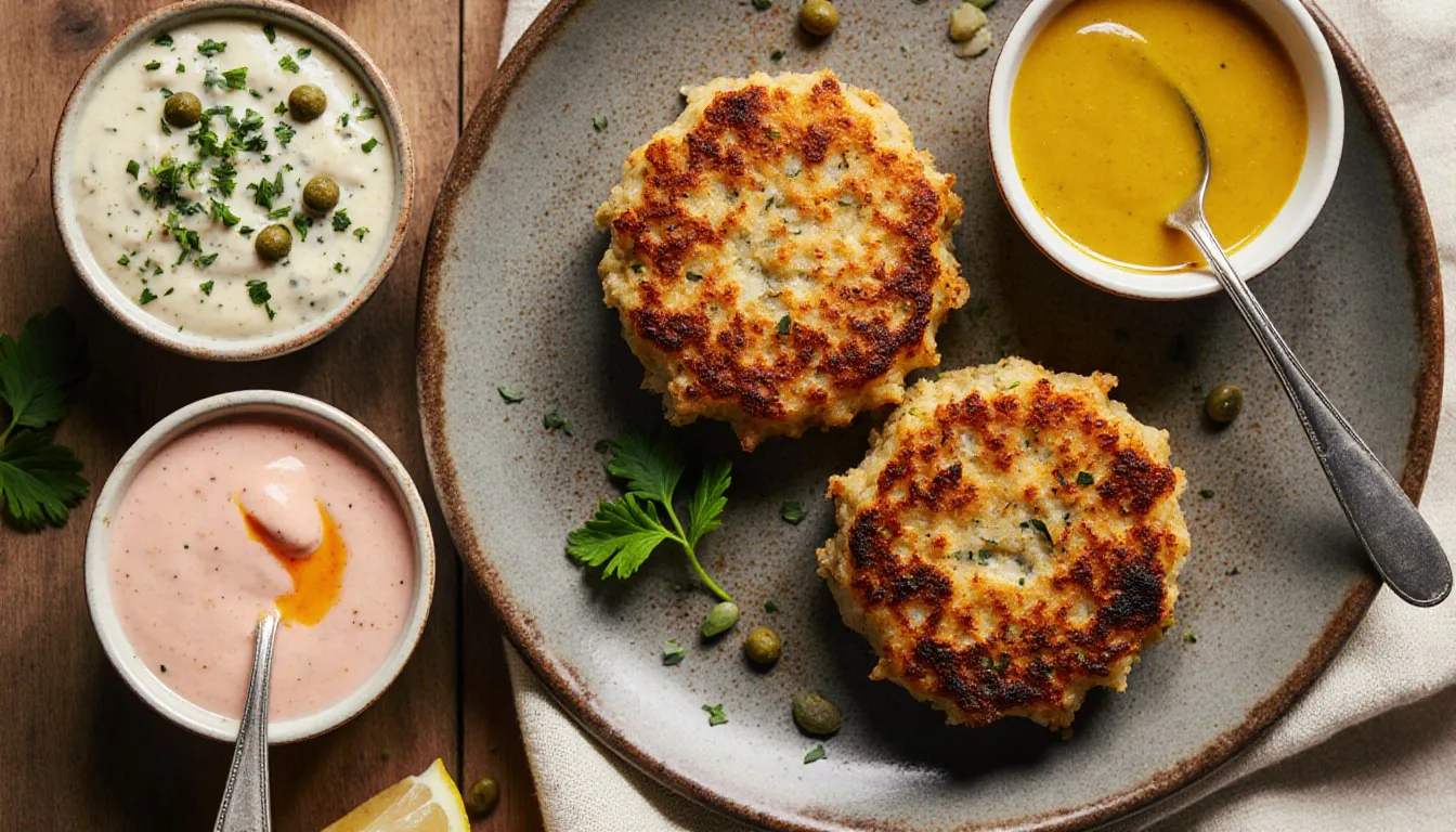 Pan-seared crab cakes served with a trio of dipping sauces in small bowls