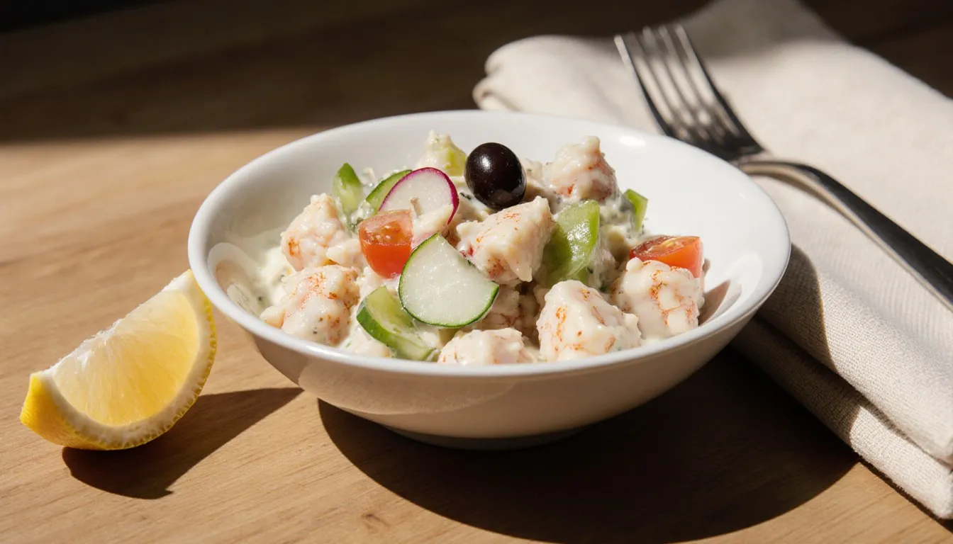A bowl of homemade crab salad with diced radish, celery, and bell pepper, served with a lemon wedge