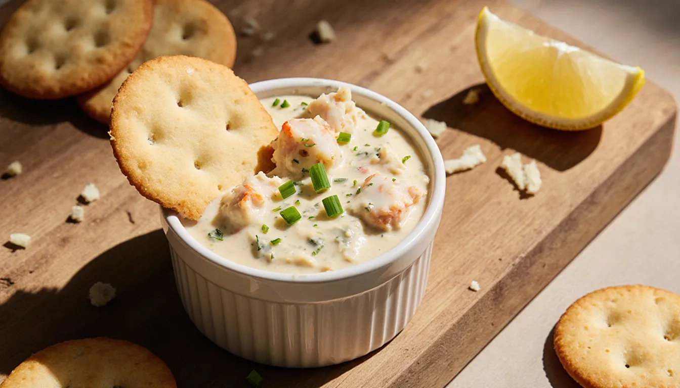 A creamy baked crab dip topped with chives, served with buttery crackers for dipping
