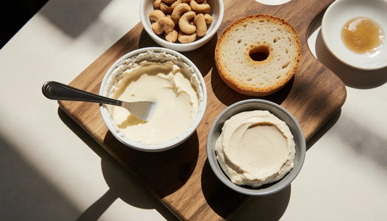 A wooden board with cream cheese, a dairy-free cashew spread, and goat cheese as substitute options