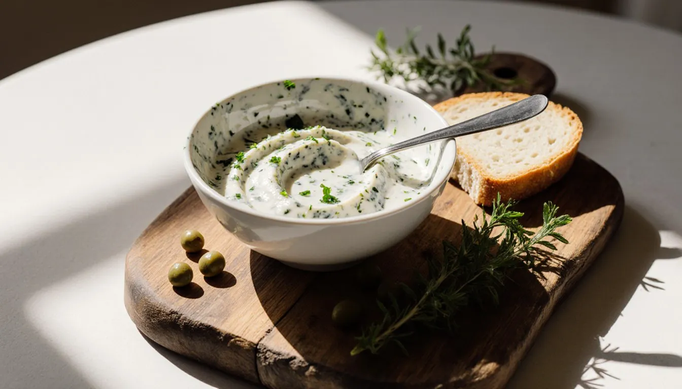 A bowl of creamy herbed tofu cheese spread with capers, a cream cheese substitute, on a wooden board