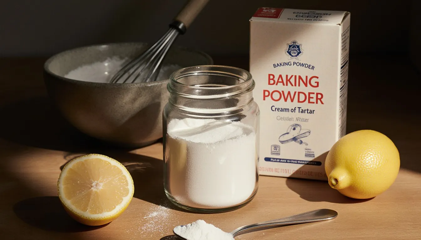 A jar of cream of tartar beside baking powder, a lemon, and whisked egg whites on a kitchen counter