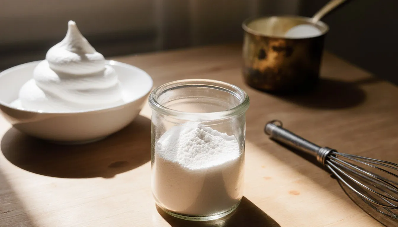 A jar of cream of tartar beside a bowl of stiff whipped egg whites on a kitchen counter
