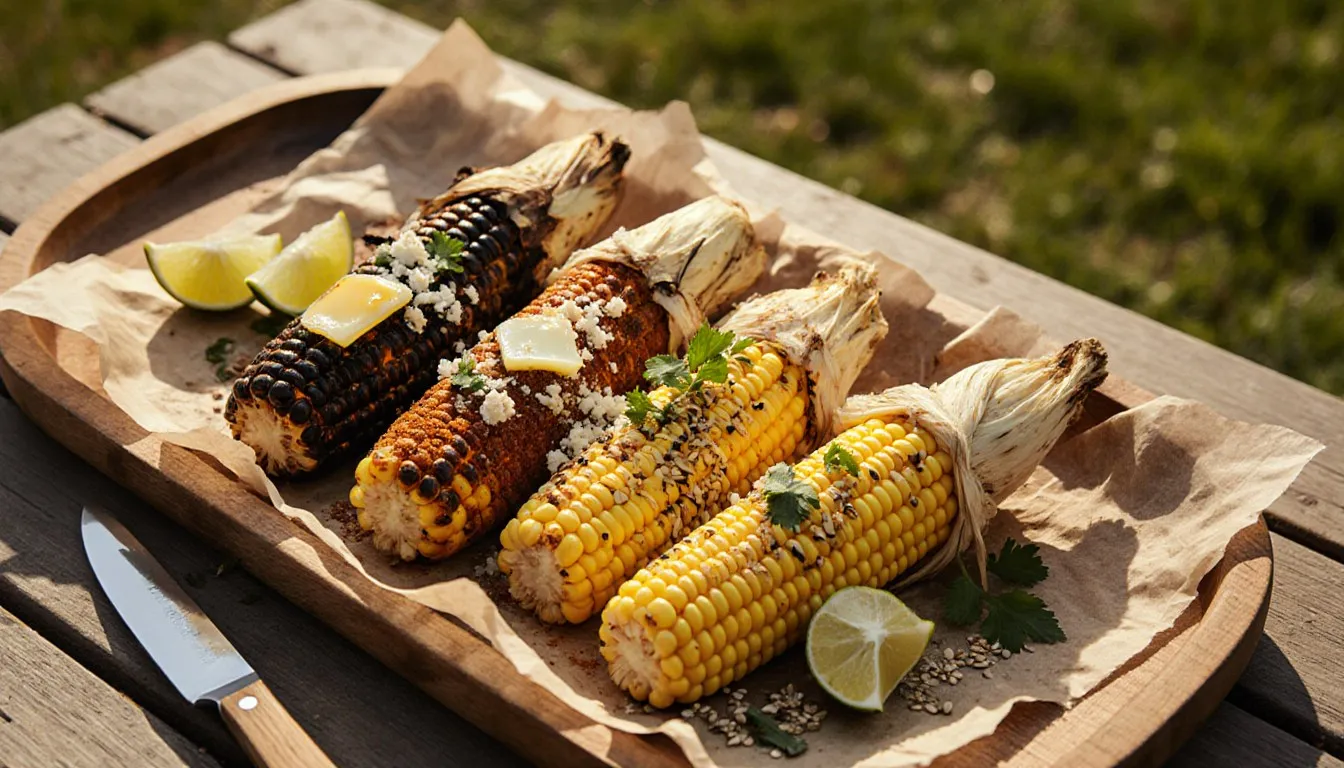 Ears of grilled corn on the cob dressed with butter, chili, cheese, and cilantro on a wooden platter